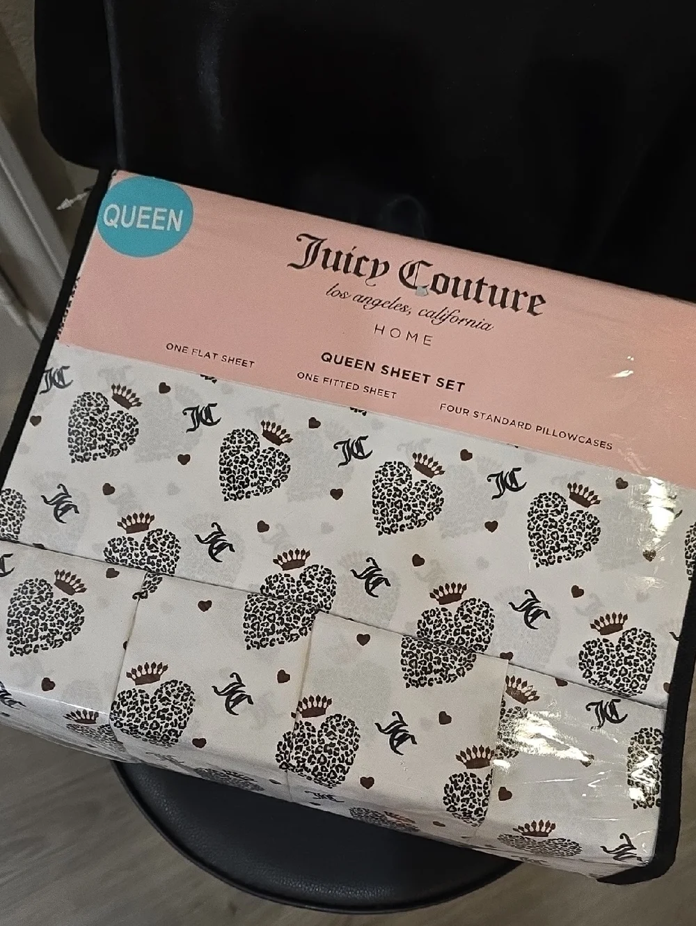 Juicy Couture Home JC Logo Heart Crown Queen Bed Sheet Set